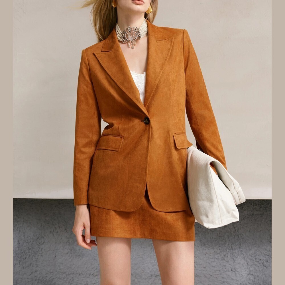 Warm Tan Vegan Suede Single-Button Notch Lapel Blazer